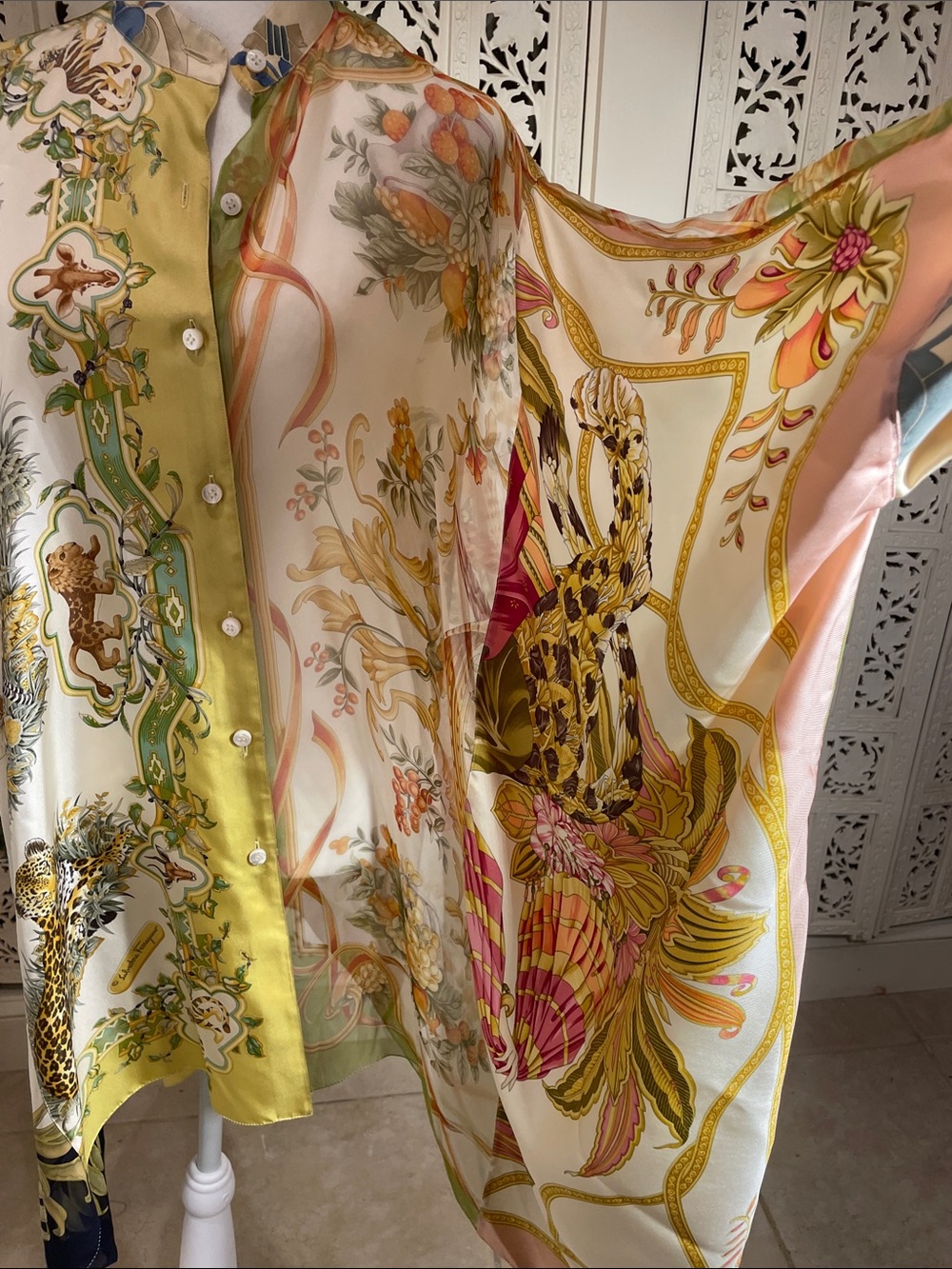 Salvatore Ferragamo silk, chiffon handkerchief top peach Yellow, Green & Cream
